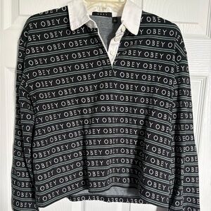 Obey Black & White Repeating Logo Rugby Pullover